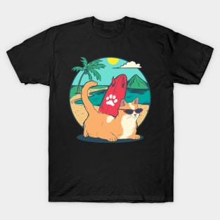 Summer Hawaii Beach Holiday Cat Surf Wave Coconut Vacation T-Shirt